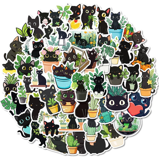 Black Cat Plant Stickers Decals for Laptop Phone Suitcase Stationery Kids Toys