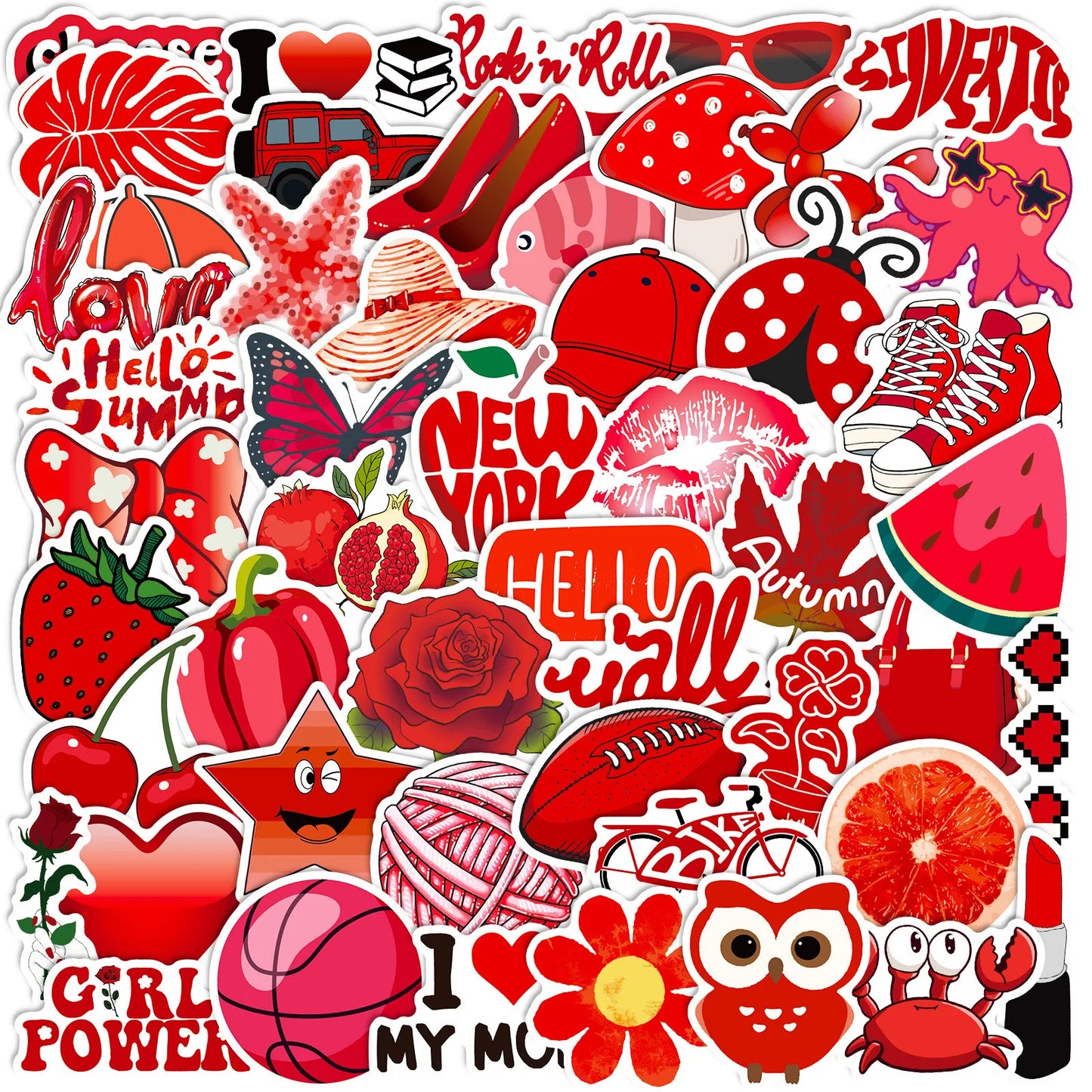 50pcs Cartoon Fashion Red Graffiti Stickers for Helmet, Wall, DIY Decor
