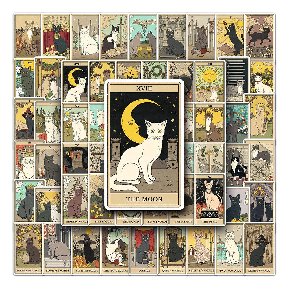 Tarot Cat Stickers: 10/30/62pcs Mystery Divination Decals for Laptop, Bike, Phone, Car