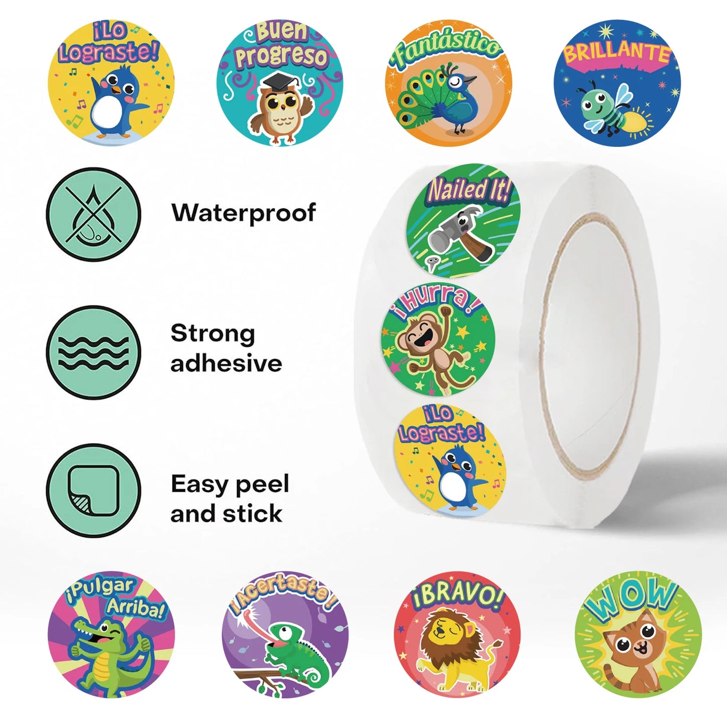 500Pcs Reward Stickers Motivational Stickers Roll for Kids for School Reward Students Teachers Cute Animals Stickers Labels