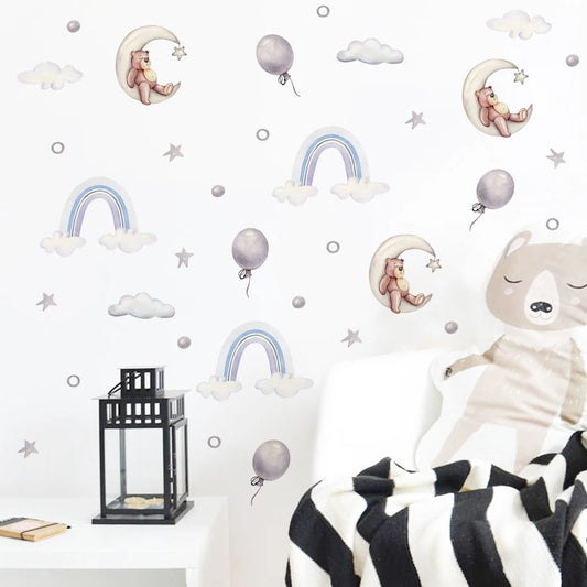 Cute Sleeping Bear Rainbow Clouds Star Nursery Wall Decals Stickers Kids Room Decor
