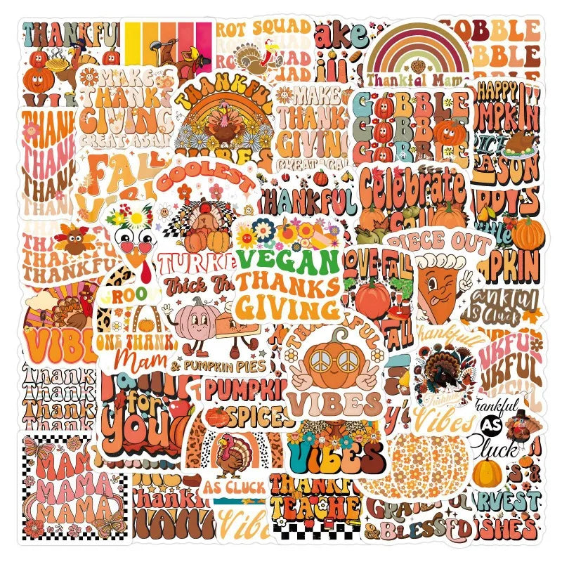 60pcs Groovy Thanksgiving Sticker Set for Suitcase, Water Cup, Phone, Laptop, Refrigerator