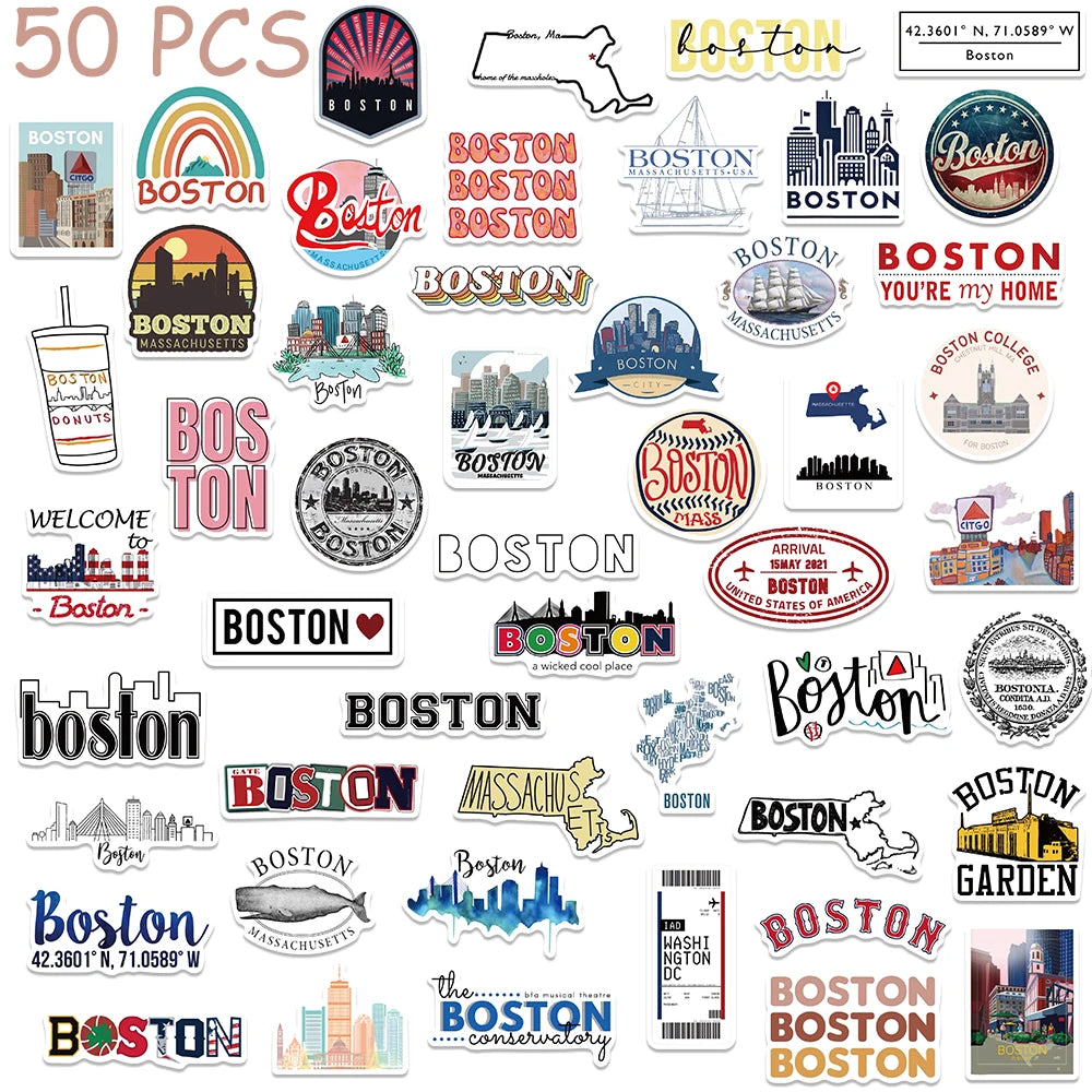 50pcs Cartoon Boston Stickers Journey Dairy Decals For Phone Laptop Suitcase Skateboard Guitar Aesthetic Waterproof Stickers