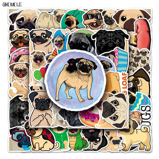 Pug Dog Stickers Pack - Cute Cartoon Animal Decals for Car, Laptop, Skateboard, Guitar, Phone, Kids Gift