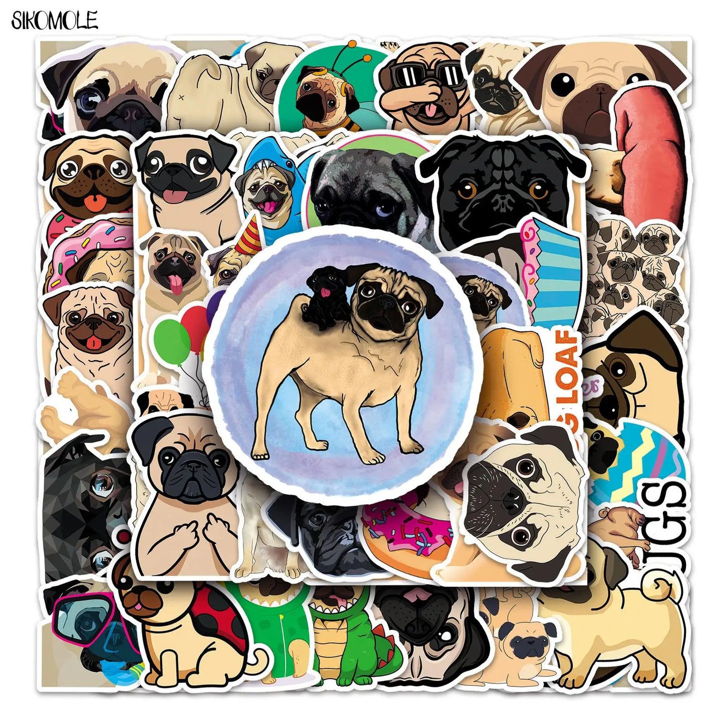 Pug Dog Stickers Pack - Cute Cartoon Animal Decals for Car, Laptop, Skateboard, Guitar, Phone, Kids Gift