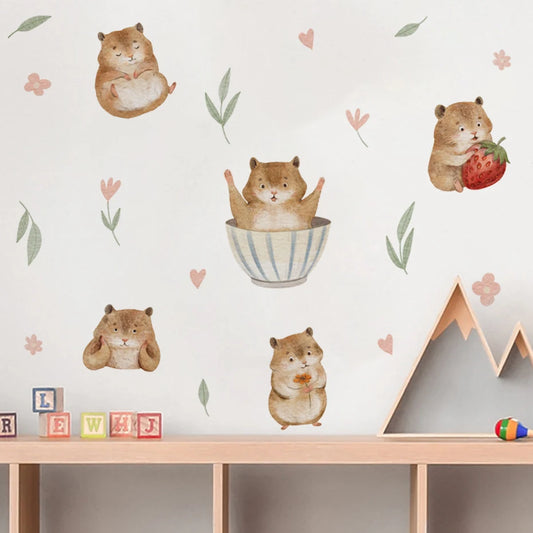 Boho Watercolor Hamster Flower Wall Stickers for Kids Nursery Decor