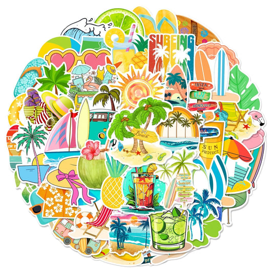 10/50pcs Cute Summer Beach Vacation Aesthetic Stickers Ins Decals Waterproof Scrapbooking Water Bottle Phone Luggage Car Sticker