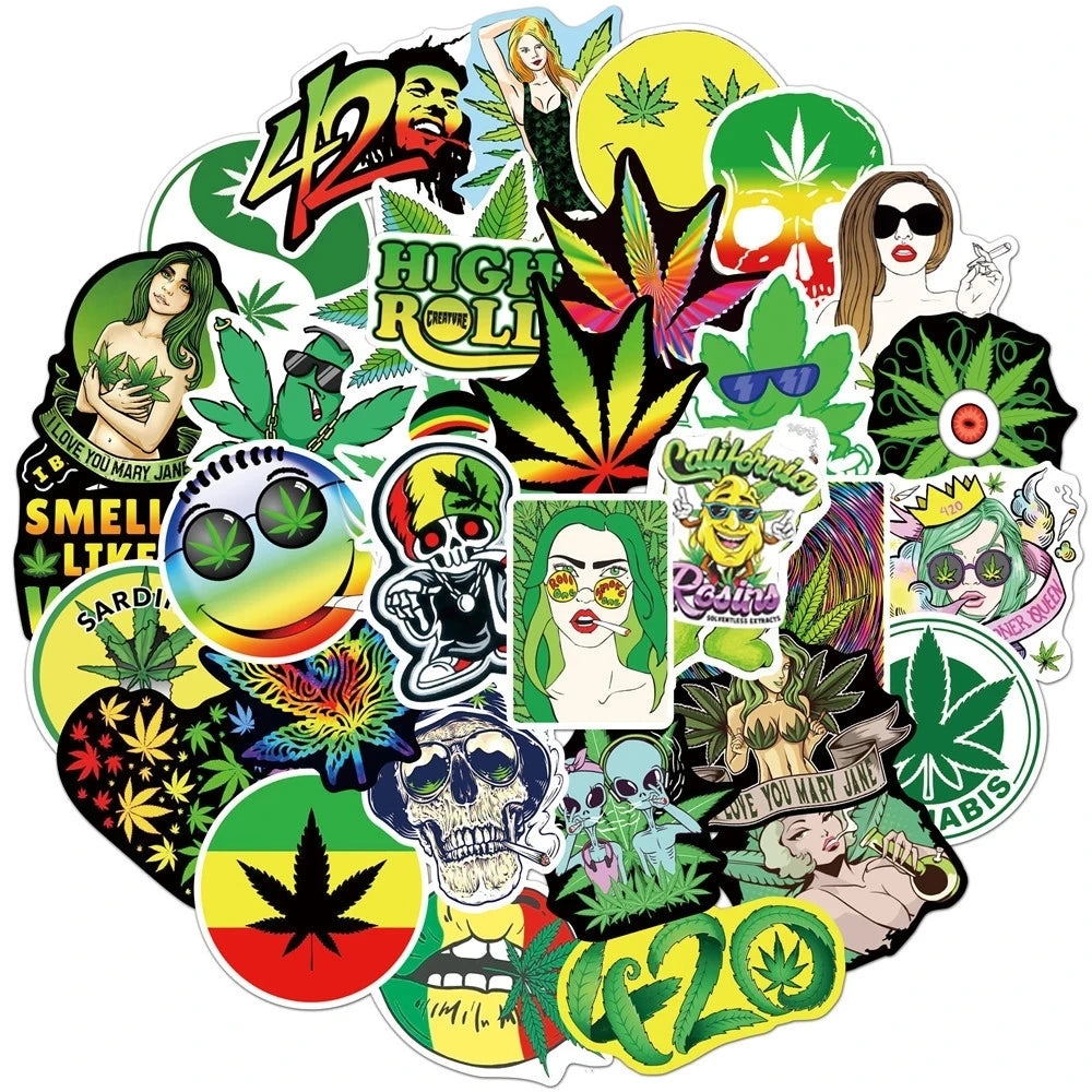 10/30/50PCS Funny Characters Leaves Weed Smoking Stickers Kid Toy PVC Waterproof Decals DIY Suitcase Motorcycle Bike Car Sticker