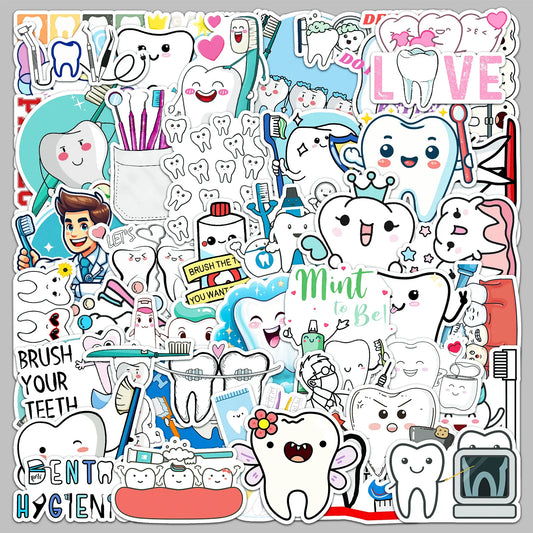 50pcs Cartoon Teeth Care Stickers for Helmet, Wall, DIY Decoration Wholesale