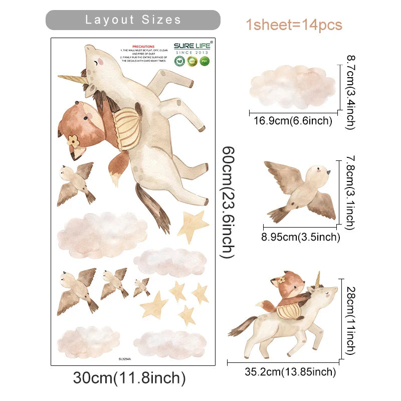 Boho Cartoon Fox Bird Stars Wall Stickers for Kids Nursery Room Decor