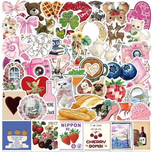 Pink Cat Cartoon Stickers Set - Aesthetic DIY Art for Phone, Notebook, Bike, Suitcase, Car, Wall
