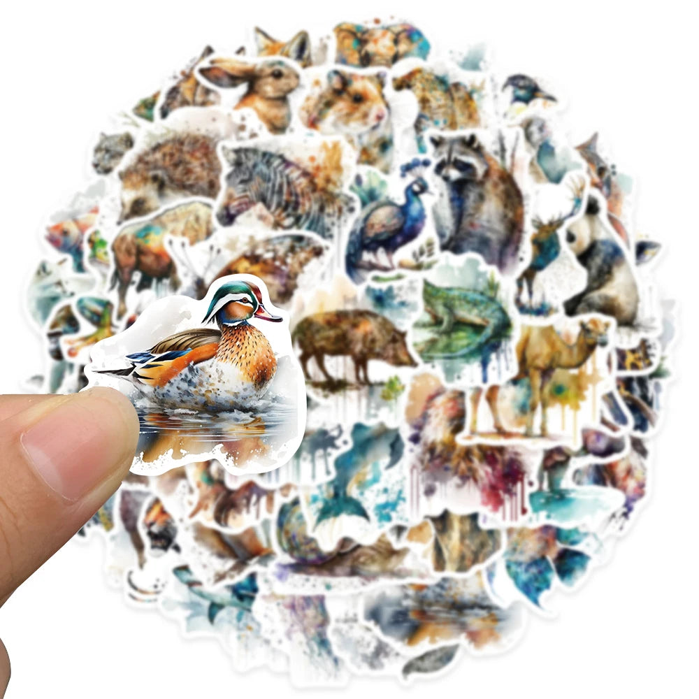 50pcs Aesthetic Watercolor Painting Animals Stickers For Laptop Water Bottle Luggage Guitar Waterproof Graffiti Vinyl Decals