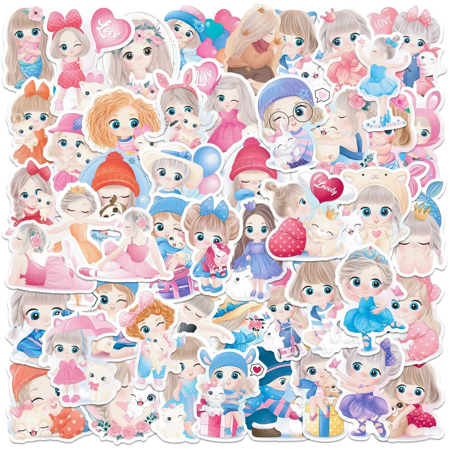 50pcs Cute Girl Graffiti Stickers for Helmet, Wall, DIY Decoration with Storage Box