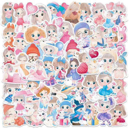 50pcs Cute Girl Graffiti Stickers for Helmet, Wall, DIY Decoration with Storage Box
