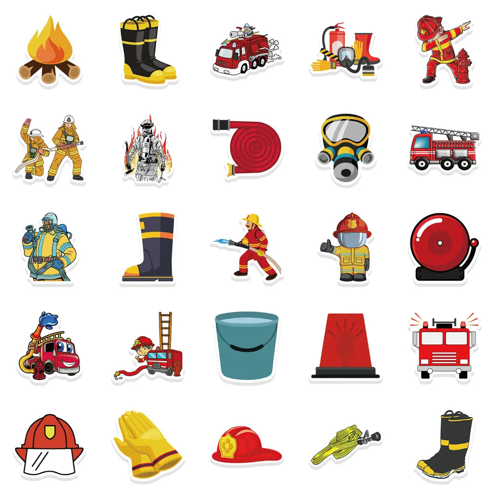 10/52Pcs Cartoon Red Firefighter Waterproof Cool Stickers for Scrapbook Skateboard Snowboard Laptop Luggage Bicycle Kids Toys