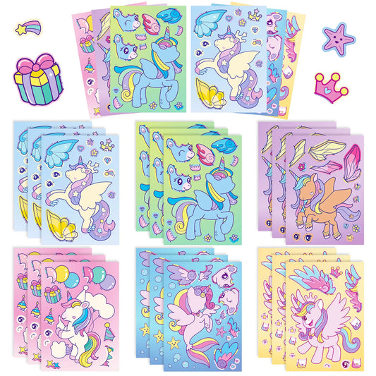 6Sheets Rainbow Horse Children DIY Puzzle Sticker Games Unicorn Make A Face Funny Assemble Jigsaw Stickers Kids Educational Toys