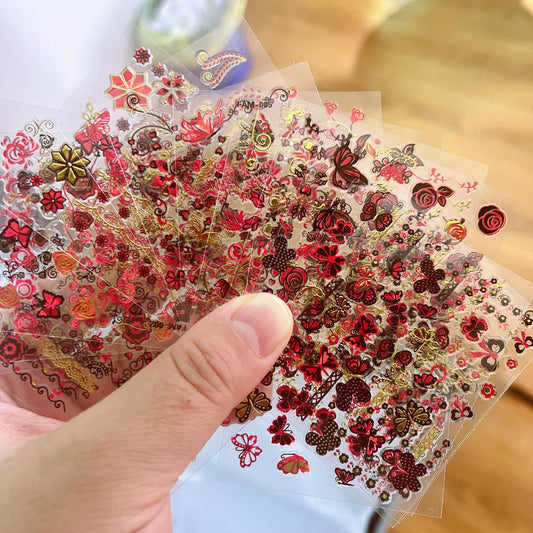 Red Gold 3D Nail Art Stickers: Flowers, Letters, Butterflies