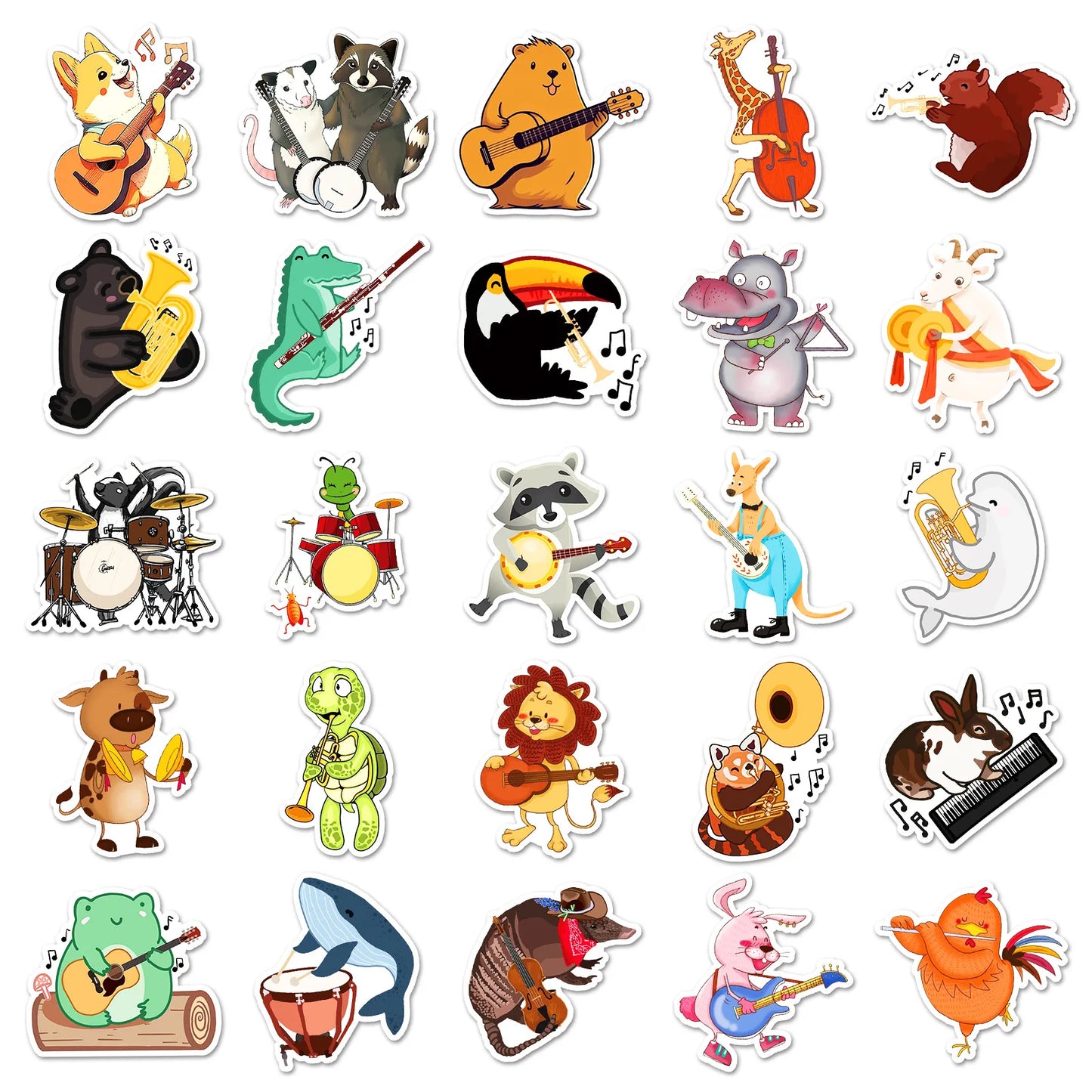 10/30/50PCS Cartoon Animal Concert Stickers Musical Instrument Guitar Graffiti DIY Car Bicycle Laptop Phone Diary Album Ornament