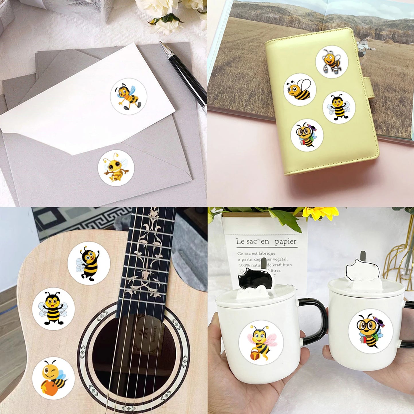 100-500pcs Cartoon Bee Stickers Cute Decals DIY Skateboard Phone Bike Fridge Hand Account Reward Sealing Label Sticker