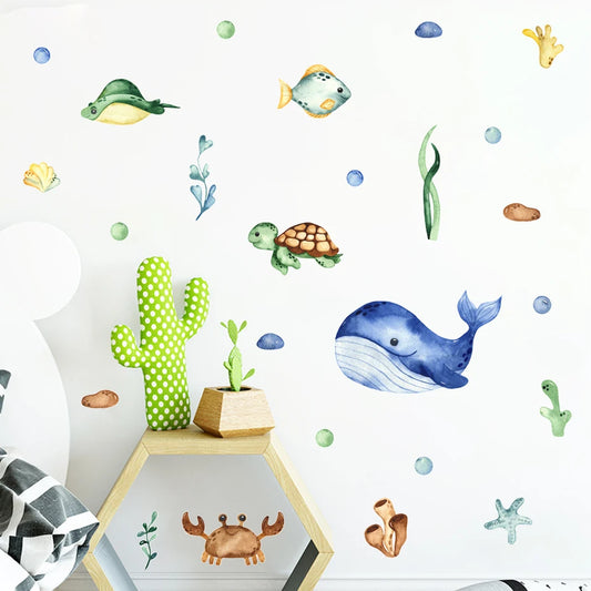 Cute Underwater Creatures Whale Sea Turtle Watercolor Vinyl Nursery Wall Decal Kids Room Decor
