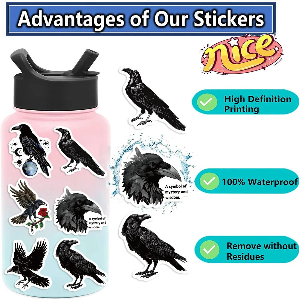 10/30/50PCS Cool Raven Cartoon Stickers Black Animal Sticker Bird in the dark Decals Diary Scrapbook Luggage Laptop Phone Car