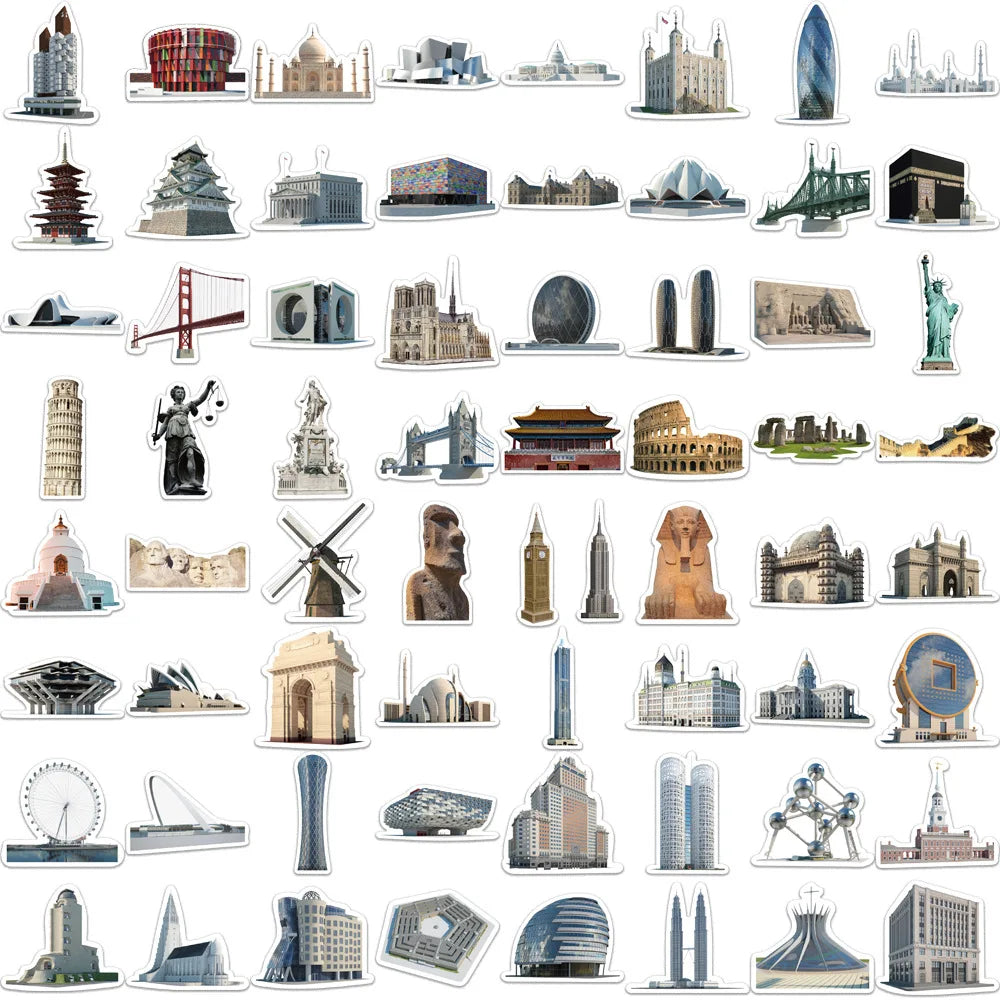 10/65Pcs World Architecture Tourism PVC Stationery Stickers Scrapbooking DIY Diary Album Stick Label