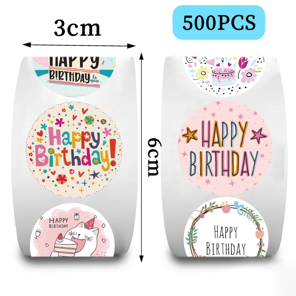 500pcs Round Labels Happy Birthday Sticker Candy Bag Flower Cake Boxes Gift Packaging Wedding Grateful Decorative Seal Stickers