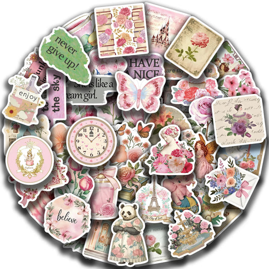 50PCS Retro Pink Waterproof Stickers for Laptop & Scrapbook