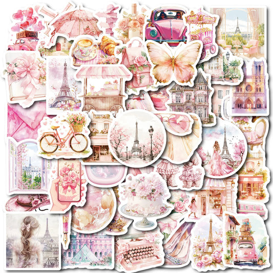 50Pcs Pink Paris Travel Cartoon Stickers for Helmet Wall DIY Decoration