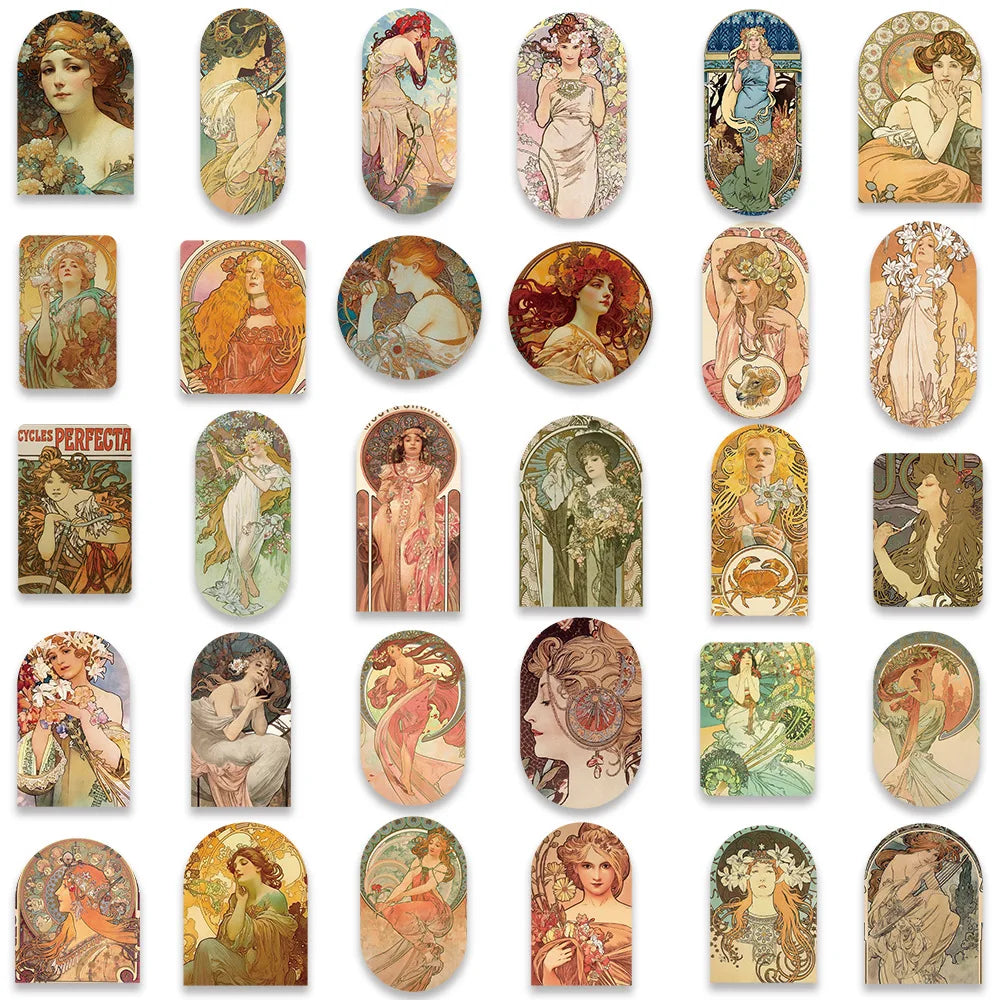 10/30/60PCS Alphonse Maria Mucha Art Graffiti Stickers Aesthetic Decoration DIY Phone Scrapbook Fridge Bike Wall Decals Kids Toy