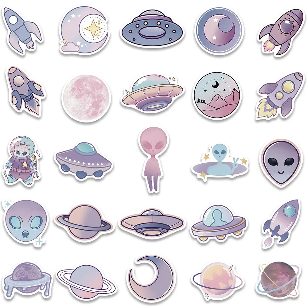 10/50Pcs Gradient Color Cartoon Planet Astronaut Alien Stickers Decals Kids Toy DIY Diary Suitcase Scrapbook Cute Sticker