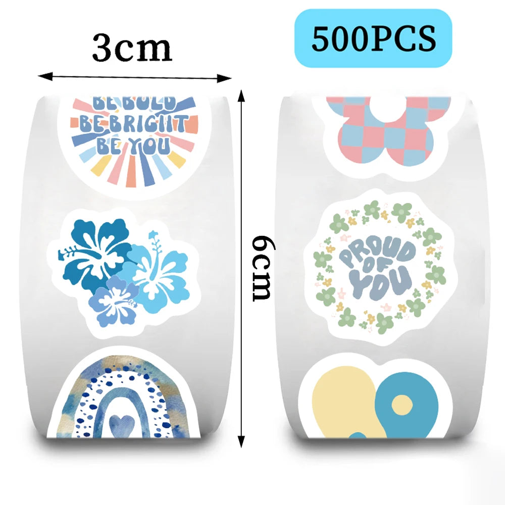 500PCS Blue Love Flowers Stickers for New Cartoon Animals Roll Sticker Packaging Flower Rolling Label Reward Decals