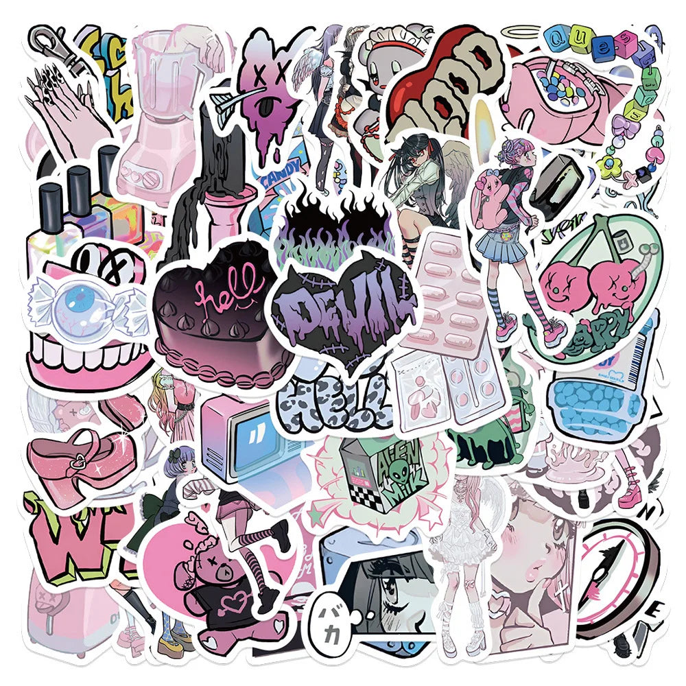 Pink Gothic Cartoon Girl Stickers for Laptop, Phone, Guitar, Scrapbook, Luggage, Car Decoration, Kid Toy - 10/30/60pcs