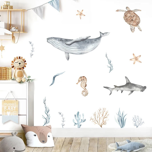 Cartoon Whale Turtle Seaweed Watercolor Wall Stickers Nursery Decor