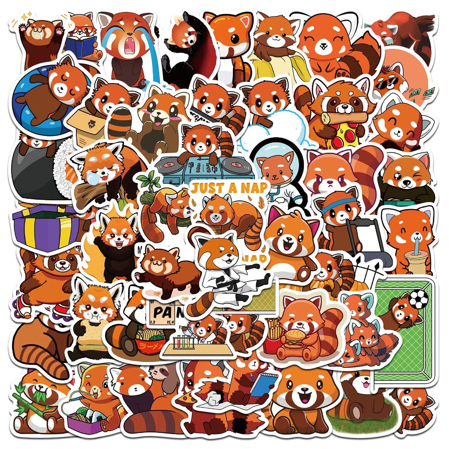 50Pcs Cute Red Panda Stickers for Helmet, Wall, Desktop Decoration