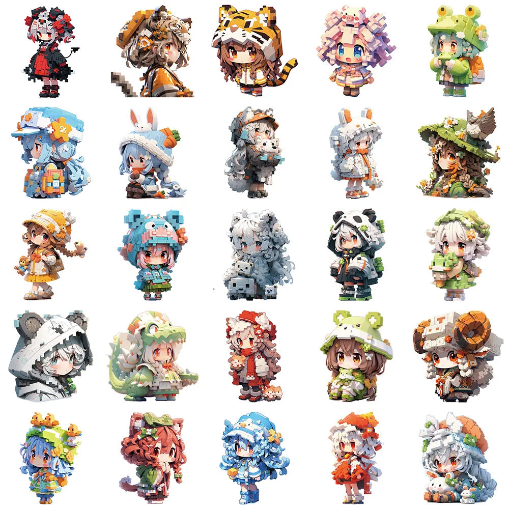 10/30/50PCS Pixel Animal Cartoon Girls Stickers Cute Graffiti Toys For Kids Motorcycle Luggage Suitcase Notebook Wall Decals Toy