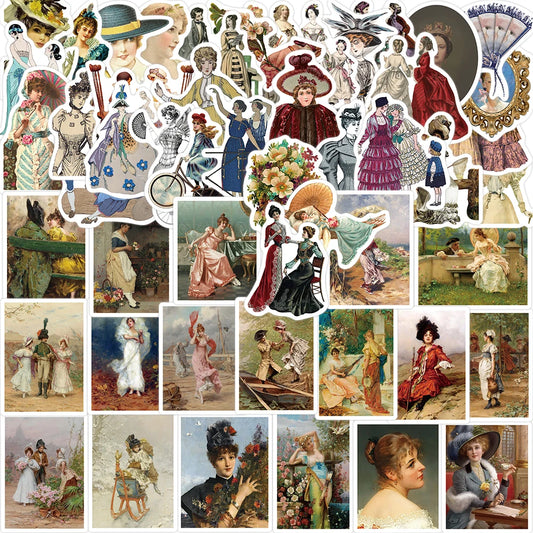 52Pcs Cartoon Retro Victorian Art Series Stickers PVC Waterproof Sticker Decals For Scrapbook Laptop Bottle Toys Gift