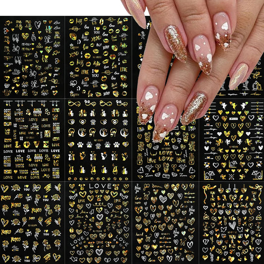 3D Gold Heart Nail Stickers - 12pcs Valentine Manicure Decals