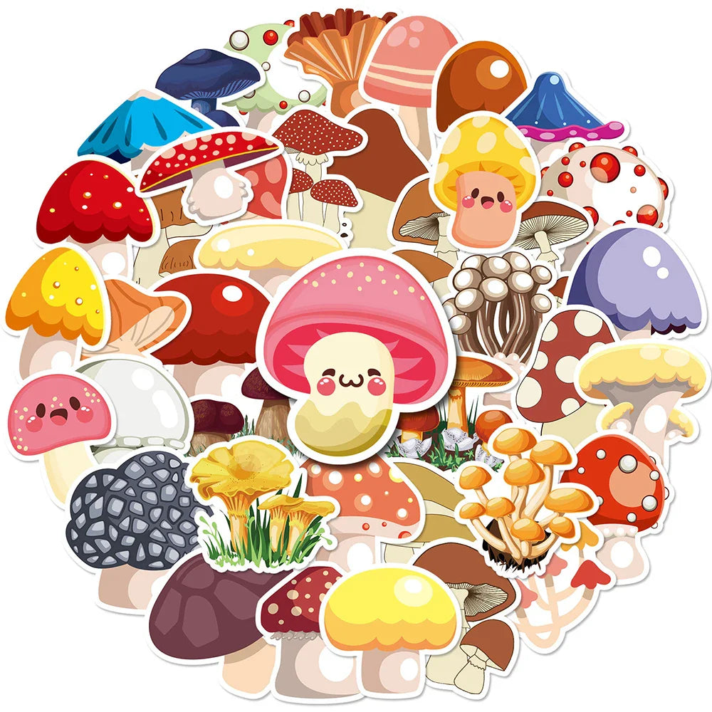 Cute Mushroom Stickers Pack - Waterproof Cartoon Decals for Laptop, Guitar, Luggage, Car, Kid Toy