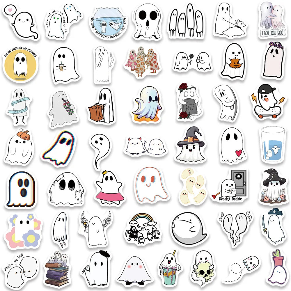 10/30/50/100PCS Cute Ghost Stickers Funny Cartoon Decals Halloween Toy For Kids Scrapbook Skateboard Notebook Fridge Decoration