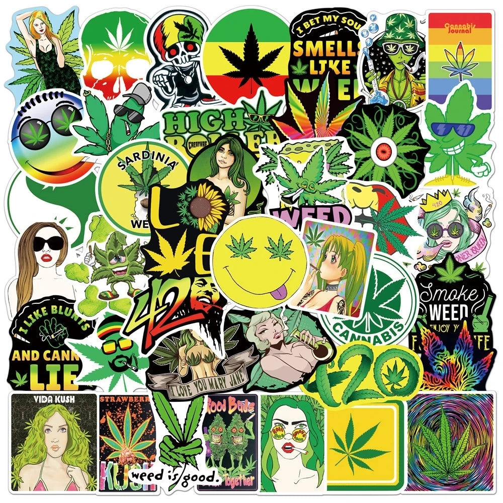 10/30/50PCS Funny Characters Leaves Weed Smoking Stickers Kid Toy PVC Waterproof Decals DIY Suitcase Motorcycle Bike Car Sticker