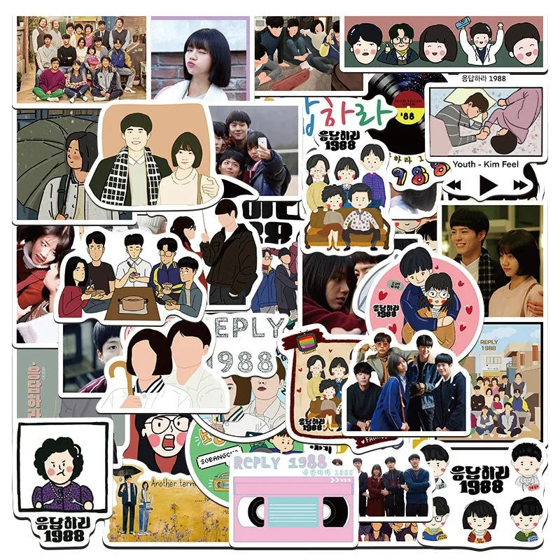 50pcs Reply 1988 Cartoon Stickers for Suitcase, Water Cup, Stationery, Car, Phone, Notebook, Refrigerator Decor