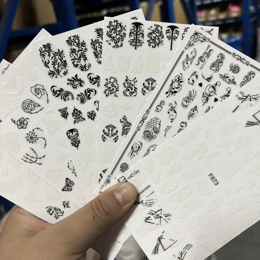 Lace Floral Leaf Nail Stickers - Black & White Decals