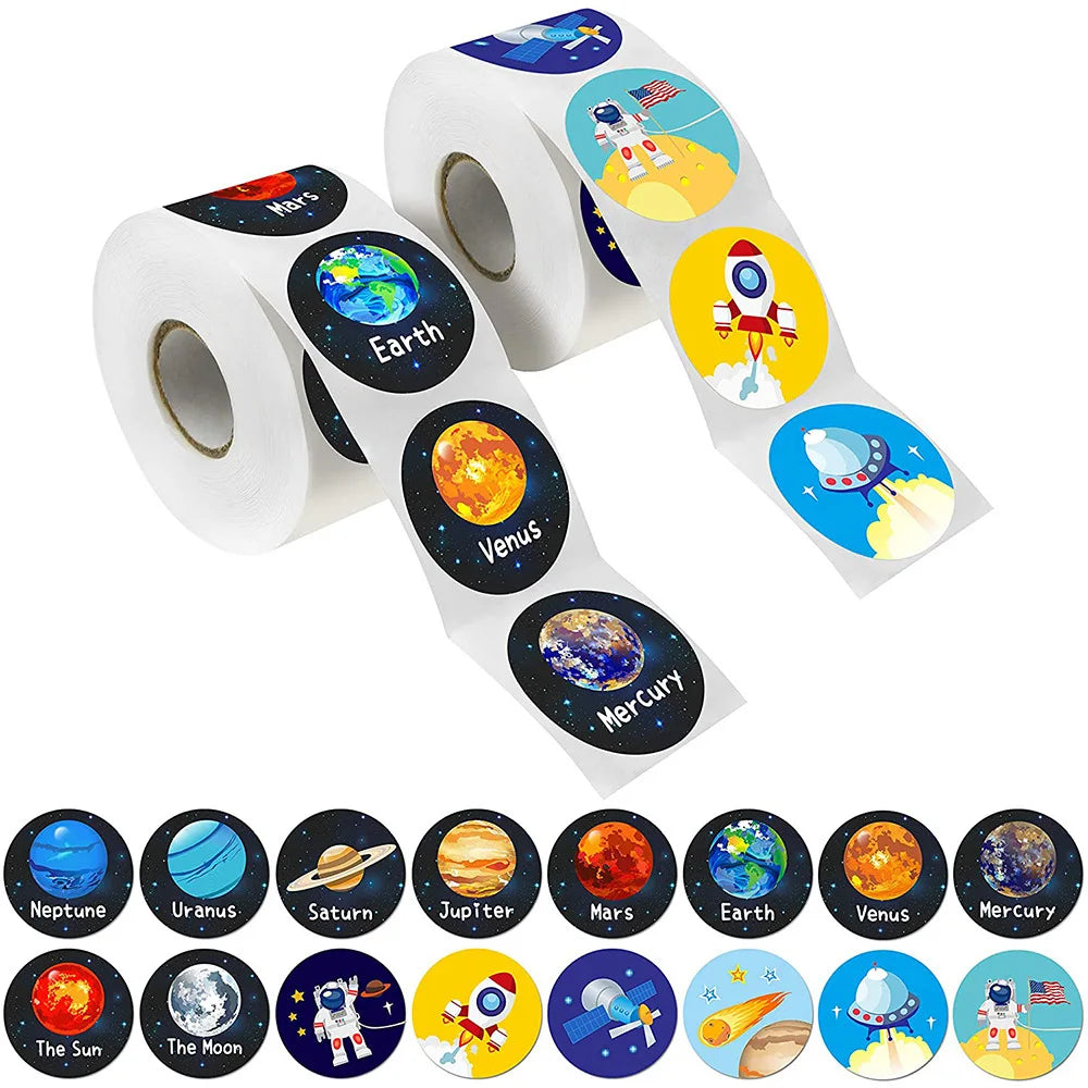 100-500 Pcs 1-1.5inch Stickers Roll Reward Student Children Enlightenment Toys Label Stationery Seal Lable Space Astronaut Star