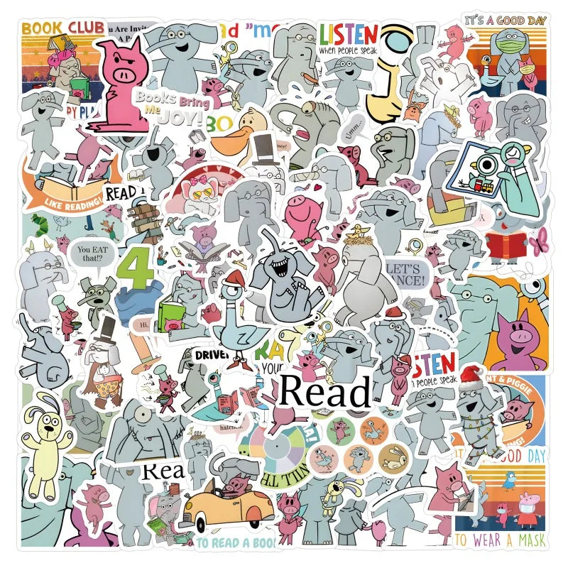 120pcs Elephant & Piggie Stickers for Luggage, Water Bottles, Phones, Laptops, Cars, Scooters, Refrigerators