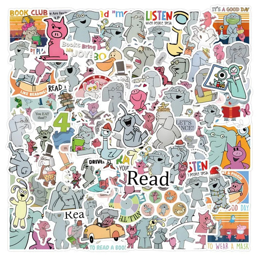 120pcs Elephant & Piggie Stickers for Luggage, Water Bottles, Phones, Laptops, Cars, Scooters, Refrigerators