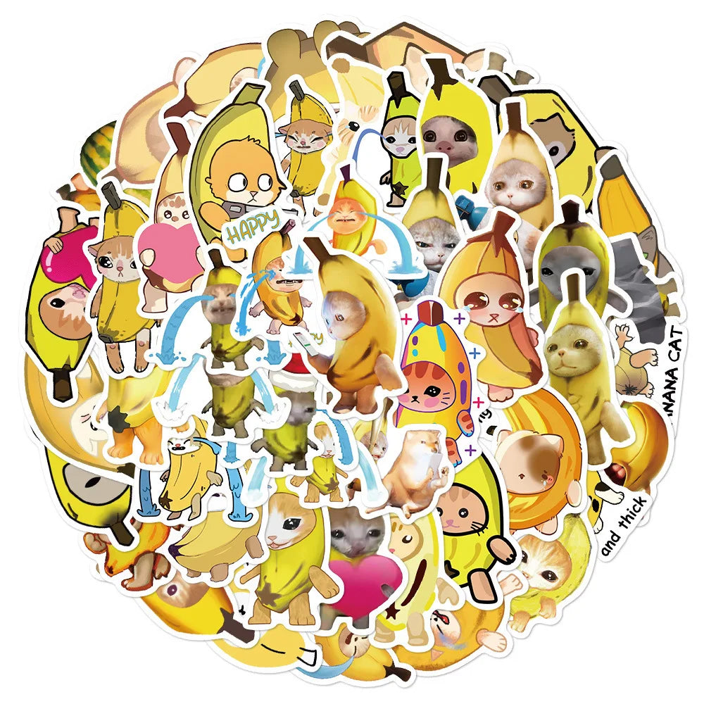 Banana Cat Stickers Pack - Waterproof Cartoon Decals for Laptop, Phone, Guitar, Bike