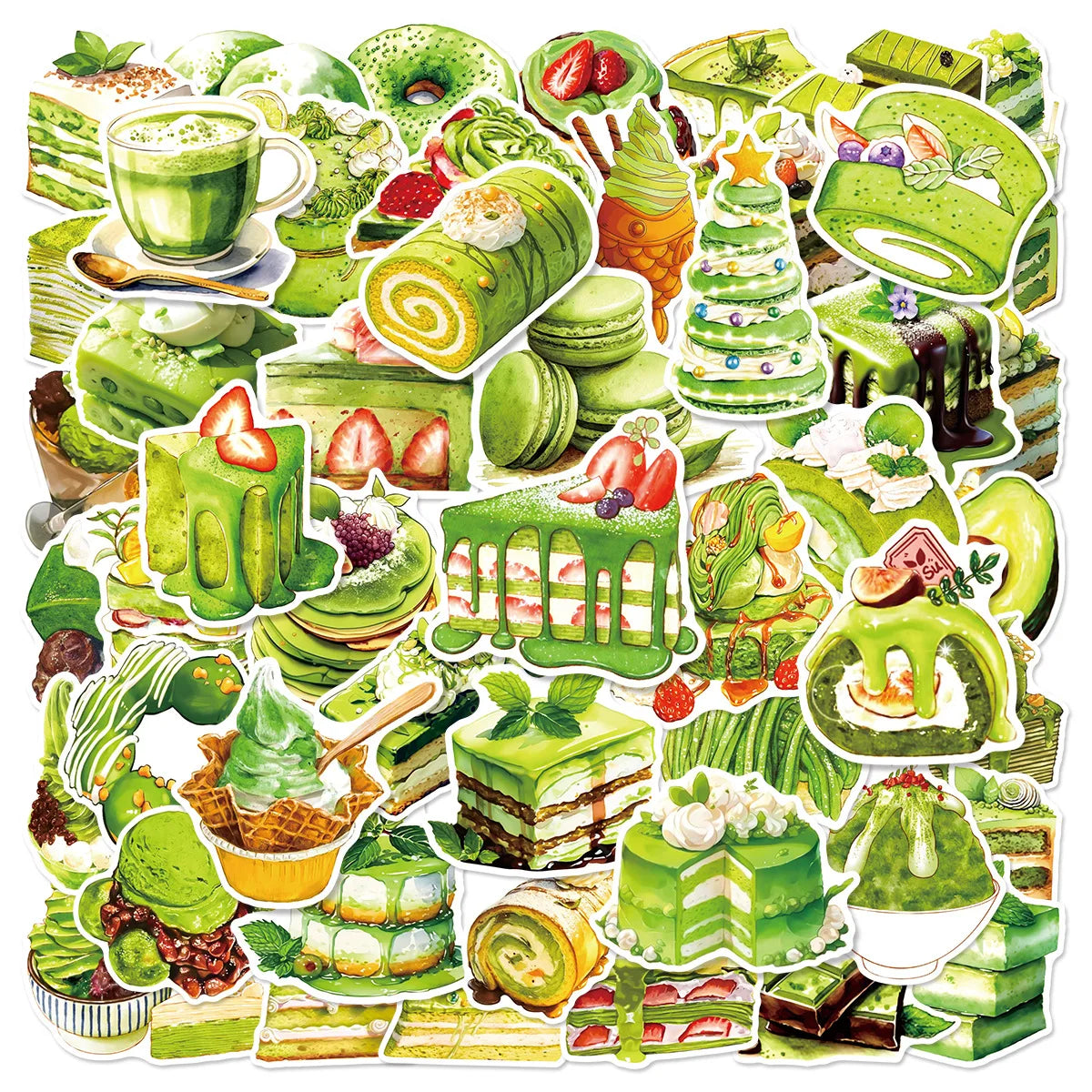 50Pcs Matcha Cake Stickers Waterproof Decals