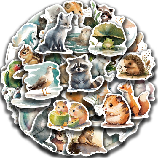 50Pcs Animal Watercolor Stickers for Laptop & Luggage