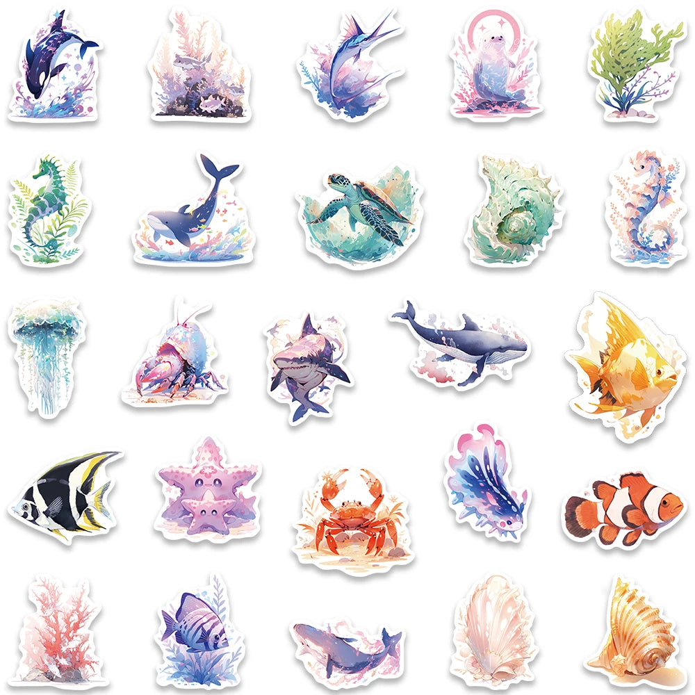 50pcs Cute Cartoon Marine Organism Stickers Vinyl Laptop Water Bottle Decals Luggage Guitar Skateboard Waterproof Graffiti